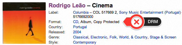 Captura de ecrã do website Discogs, que mostra o Álbum Cinema de Rodrigo Leão. Na secção "Format", inclui a etiqueta "Protected"